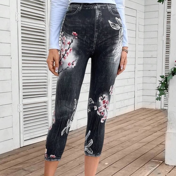 DENIM AND FLORAL PRINT LEGGINGS - Picture 1 of 4
